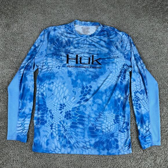 Huk Shirt Mens M Blue Kryptek Scale Camo Print Performance Fishing Outdoors - Picture 1 of 13